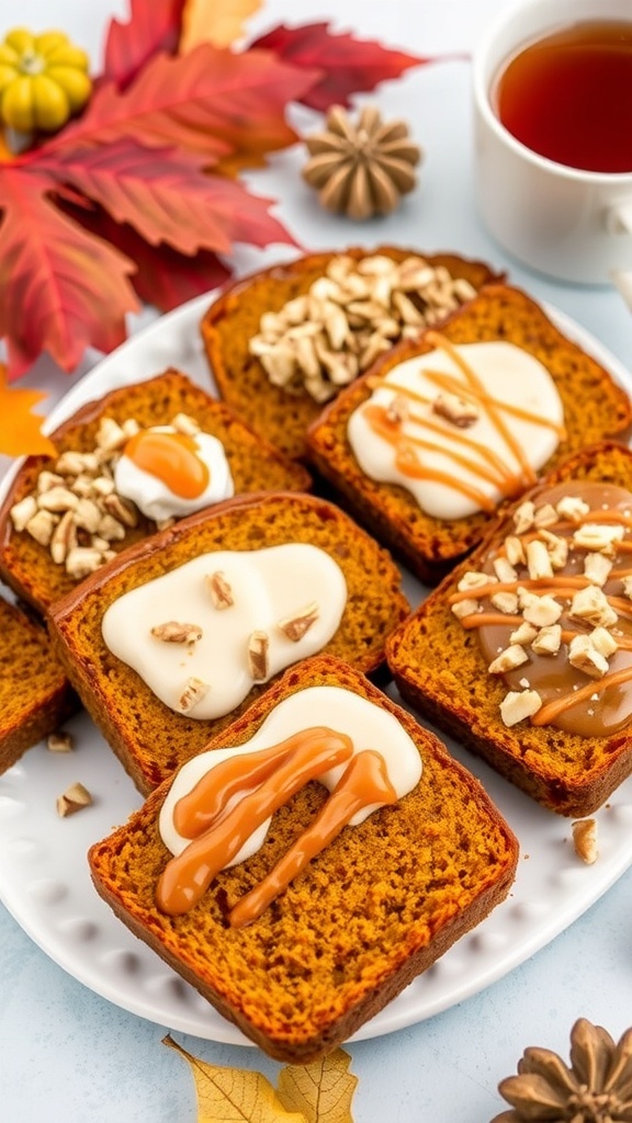 Slices of pumpkin bread with cream cheese frosting, caramel sauce, and nuts on a rustic platter with autumn decorations.